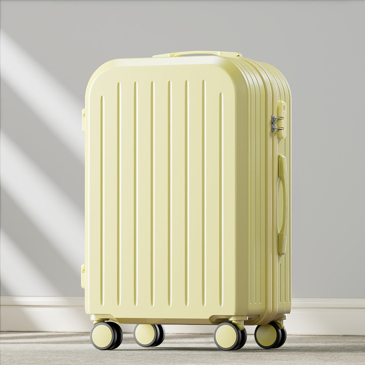 Yellow suitcase with wheels on a light gray background