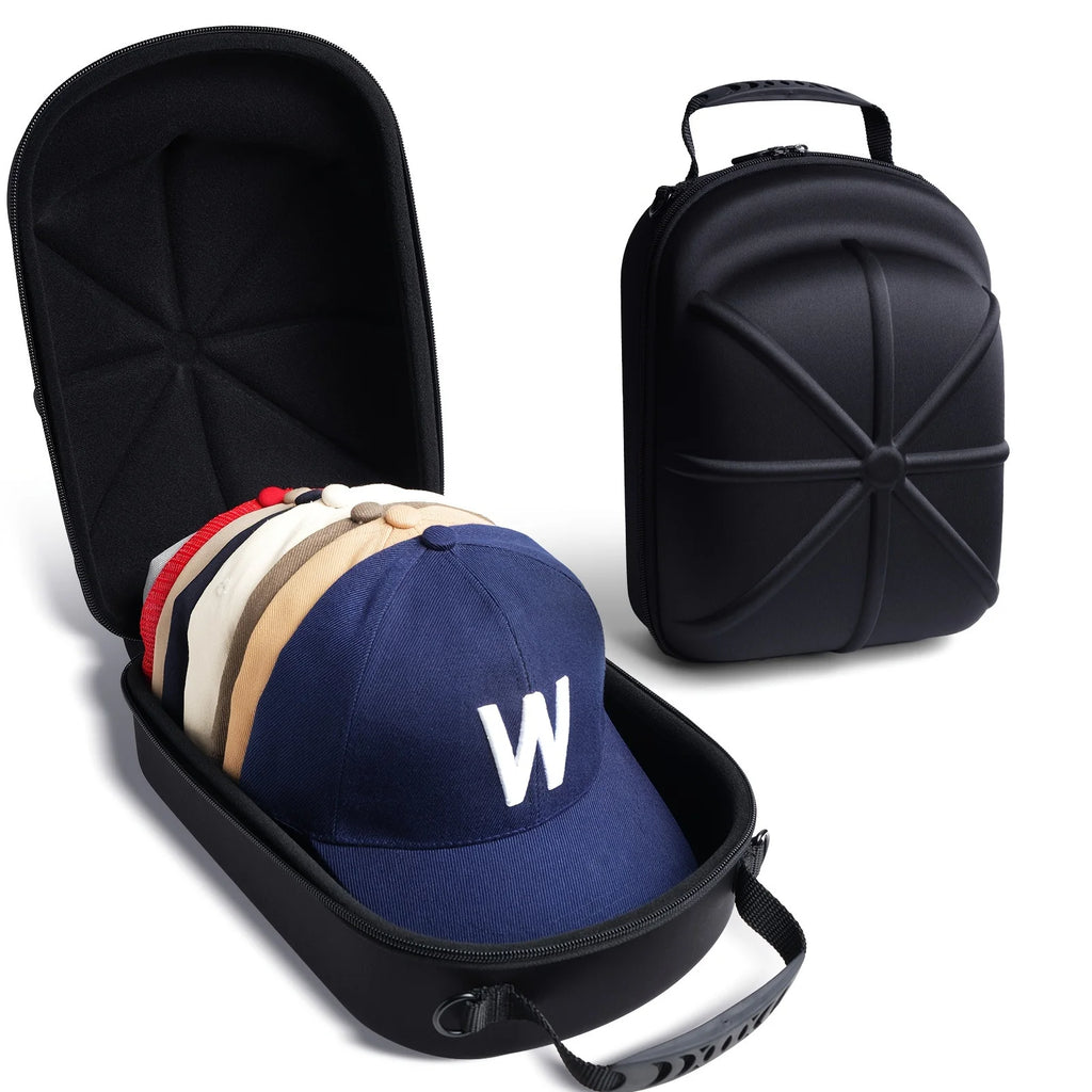 Black carrying case for caps with a blue cap featuring a white 'W' logo.
