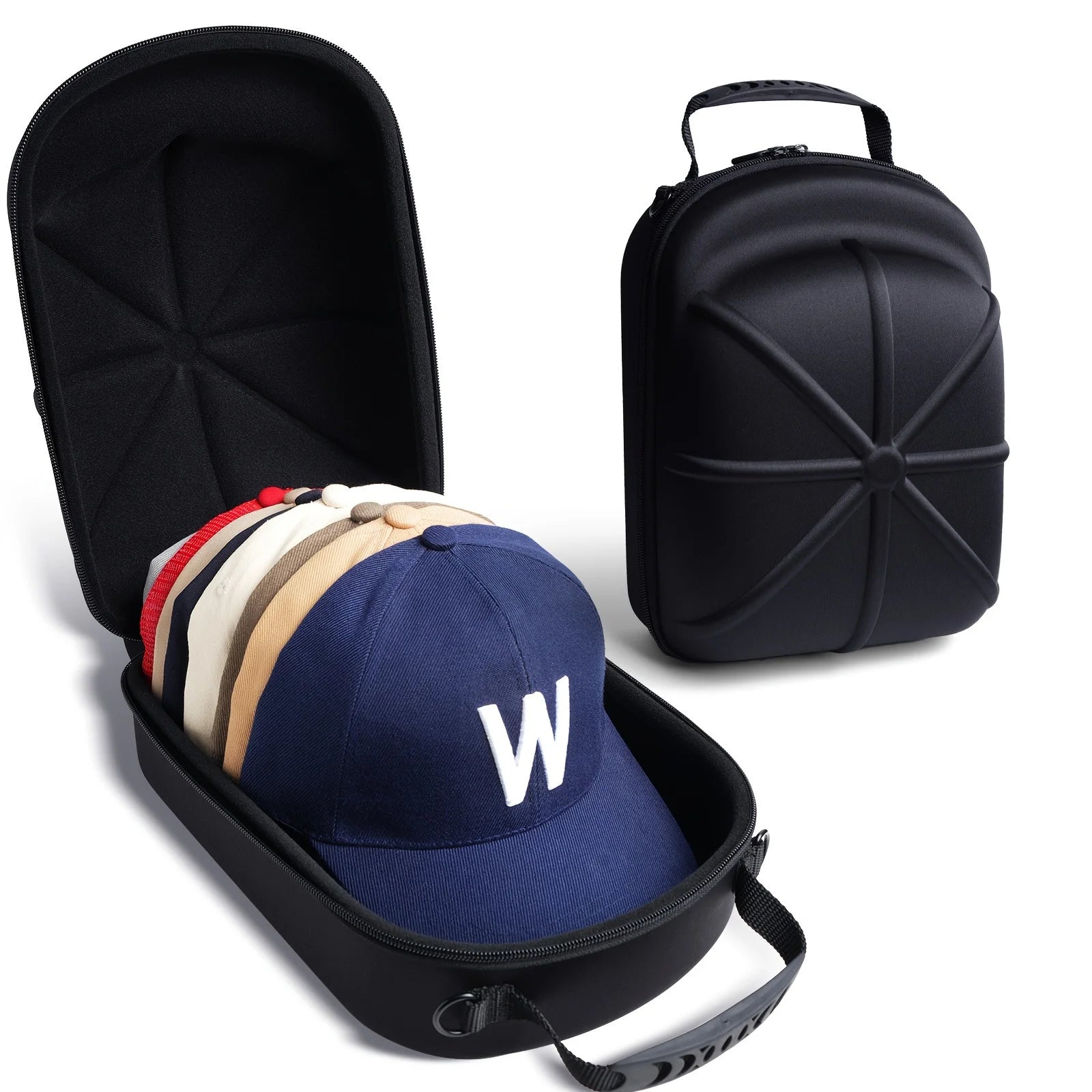 Black carrying case for caps with a blue cap featuring a white 'W' logo.