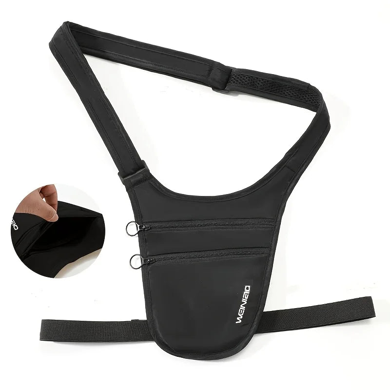 Black waist bag with multiple zippers on a white background