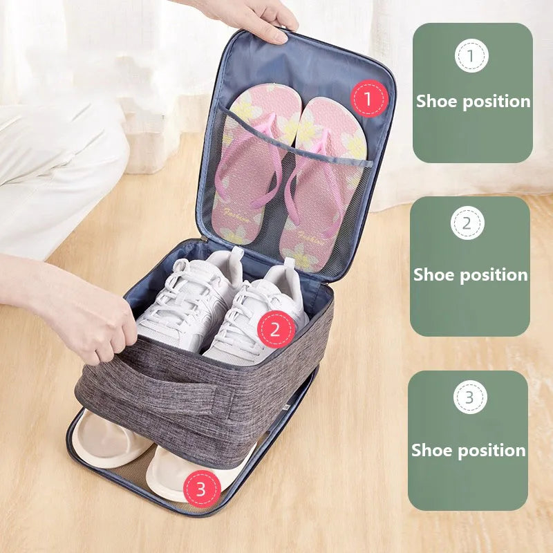Shoe organizer with shoes labeled for proper positioning on a wooden surface.