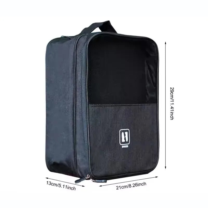 Black shoe bag with measurements on a white background