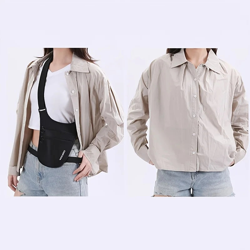 Person wearing a beige shirt with suspenders and a plain background