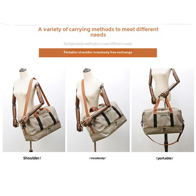 Three mannequin displays showing a beige bag with black straps in different carrying methods.