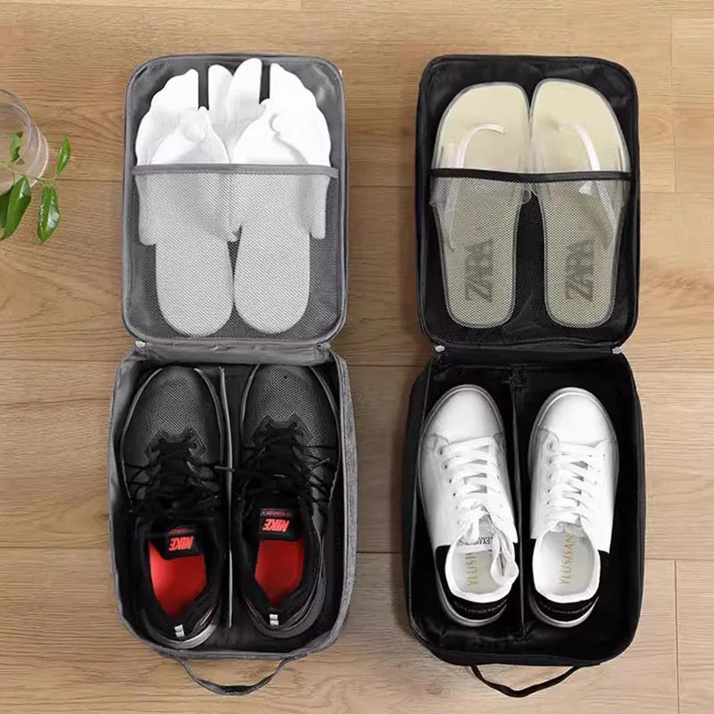 Two shoe organizers on a wooden floor with shoes inside.