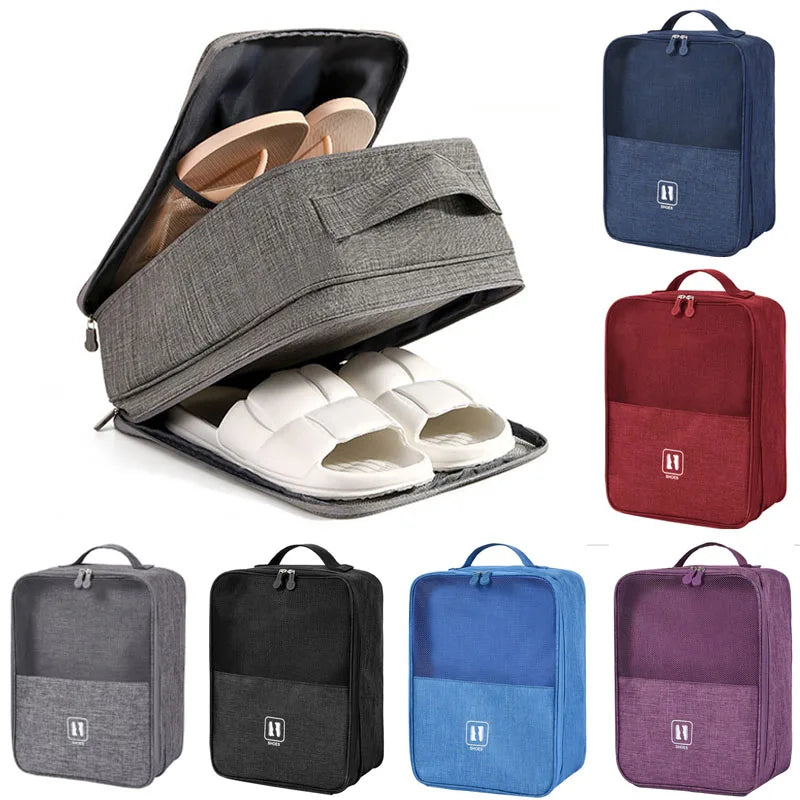Gray shoe organizer with sandals inside, surrounded by various color shoe bags on a white background.