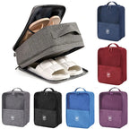 Gray shoe organizer with sandals inside, surrounded by various color shoe bags on a white background.