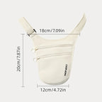 Beige waist bag with dimensions labeled on a white background