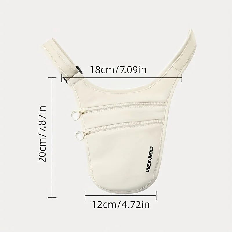 Beige waist bag with dimensions labeled on a white background