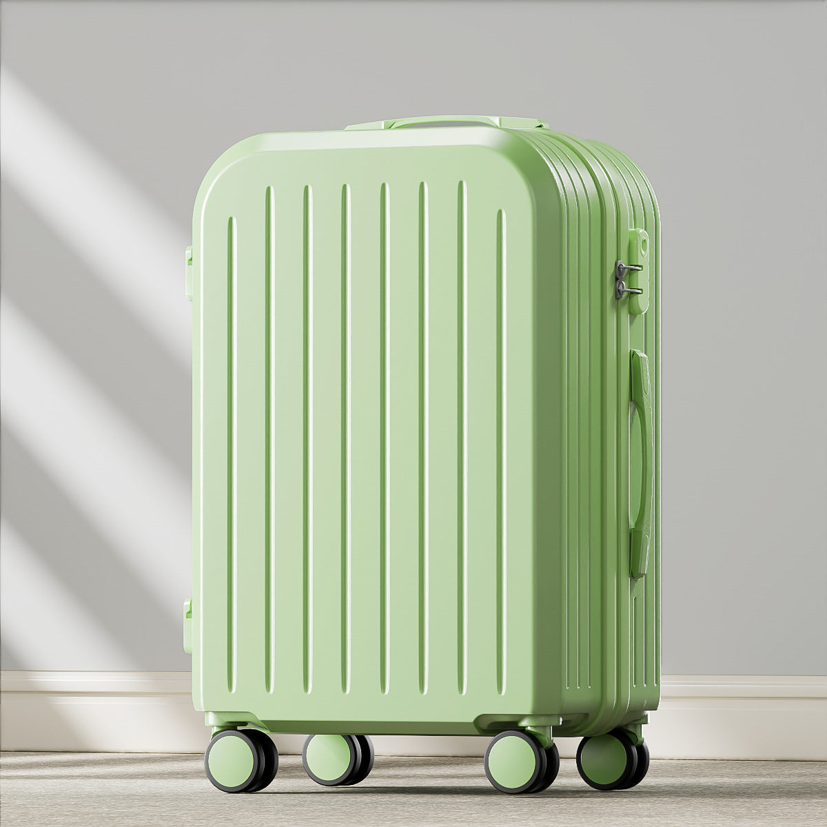 Green suitcase with wheels on a light wooden floor and gray wall background